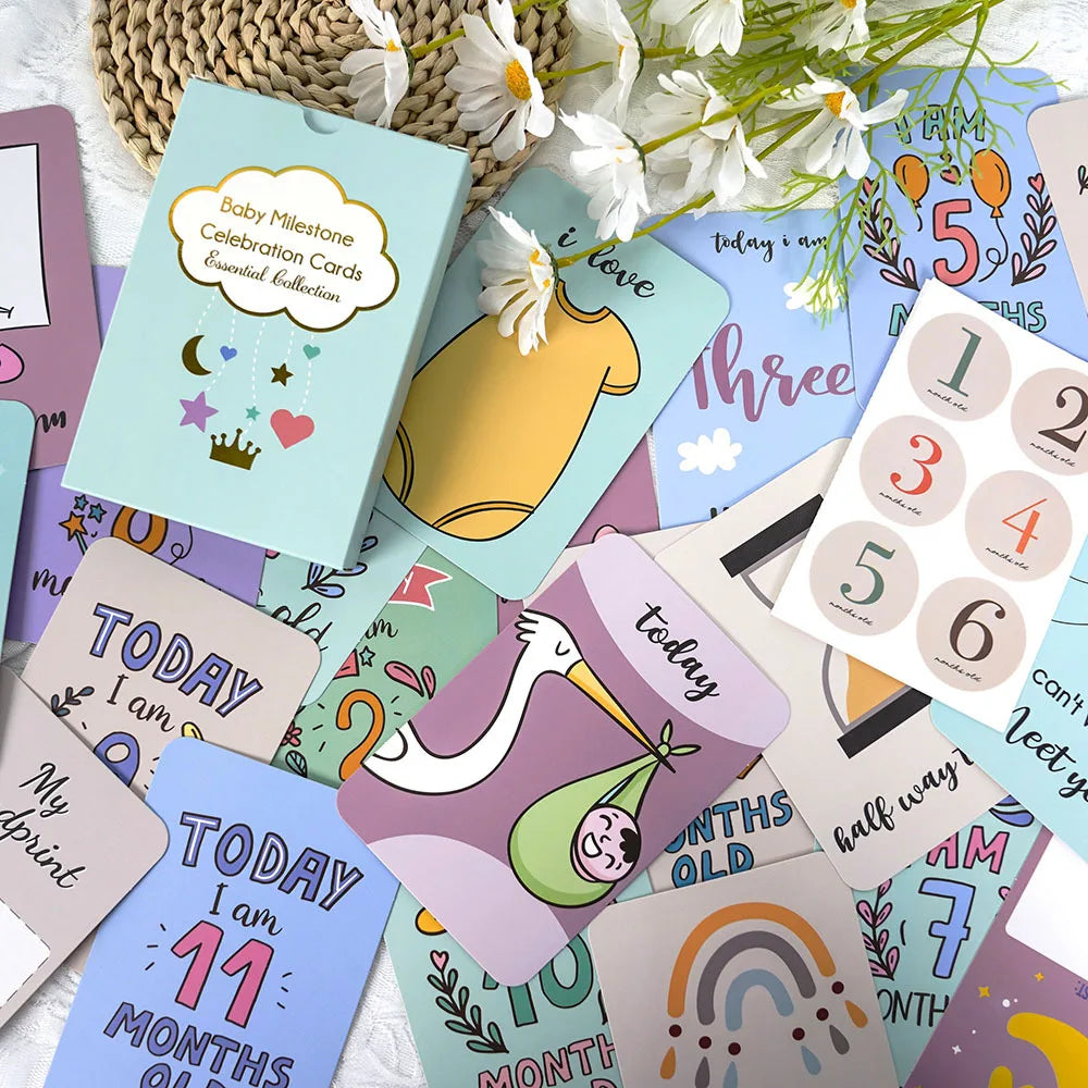 50pcs Printing Newborn Milestone Cards Baby Monthly Milestone Card Stickers for Boys & Girls Growth Record Cards