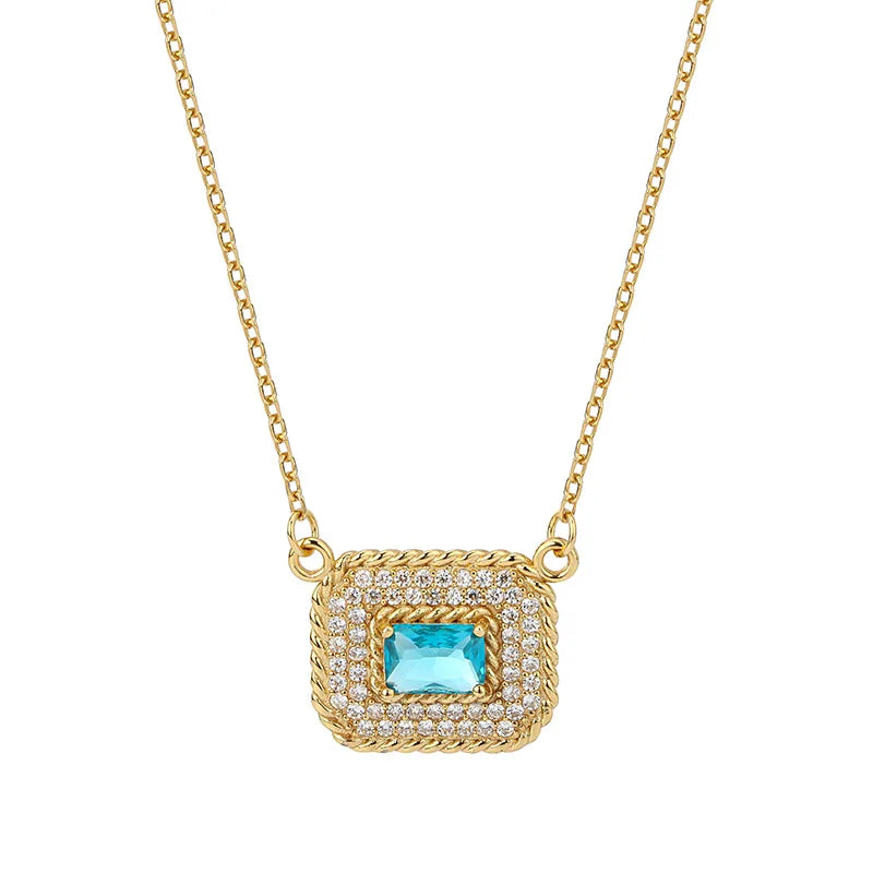 Hot Sale 925 Sterling Silver square Aquamarine Zircon 18k Gold Plated Pendant Support Customized logo Women's Jewelry Necklace