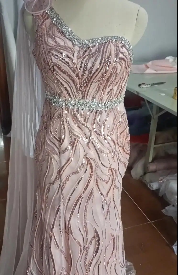 2024 New Arrival Dark Green Africa Mermaid Evening Dresses Sexy One Shoulder Plus Size Beaded Lace Long Bridesmaid Prom Gowns