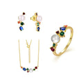 QX CUSTOM OEM Women Luxury 925 Silver Freshwater Pearl Earrings Ring Necklace Fine Rainbow Cubic Zirconia Jewelry Set Woman Gift