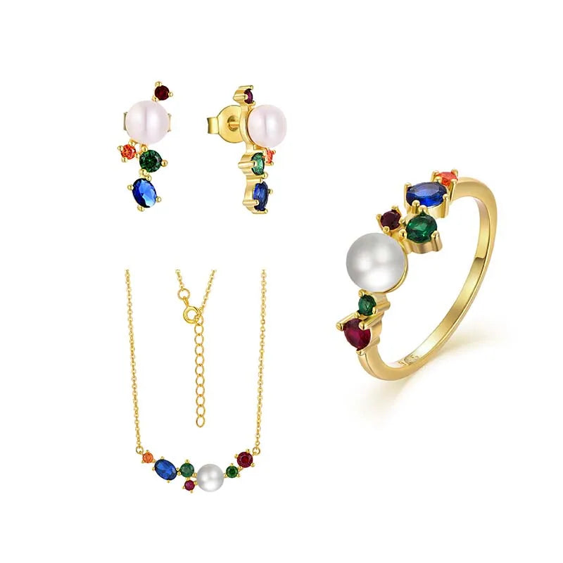 QX CUSTOM OEM Women Luxury 925 Silver Freshwater Pearl Earrings Ring Necklace Fine Rainbow Cubic Zirconia Jewelry Set Woman Gift