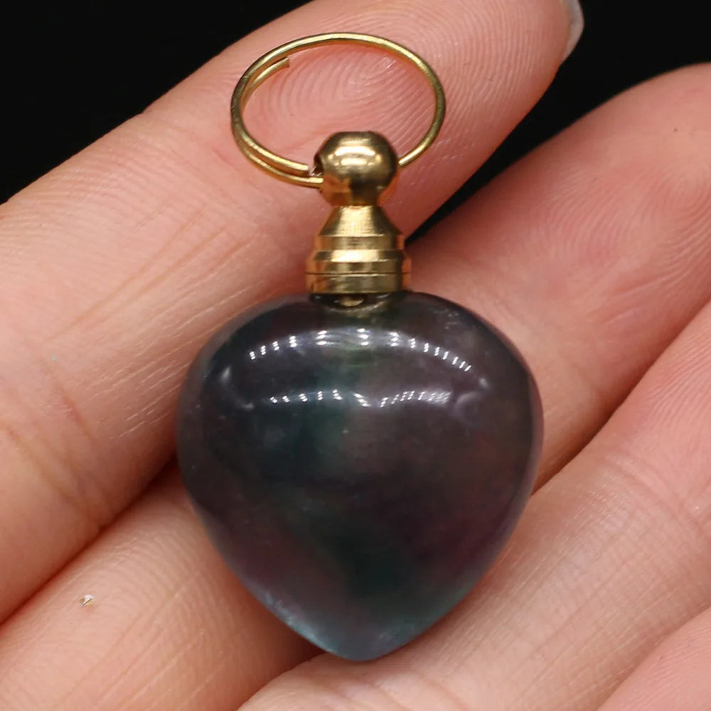 Hongzhuo Wholesale natural gemstone quartz crystal essential oil fluorite heart shape perfume bottle necklace pendant for crystal gift