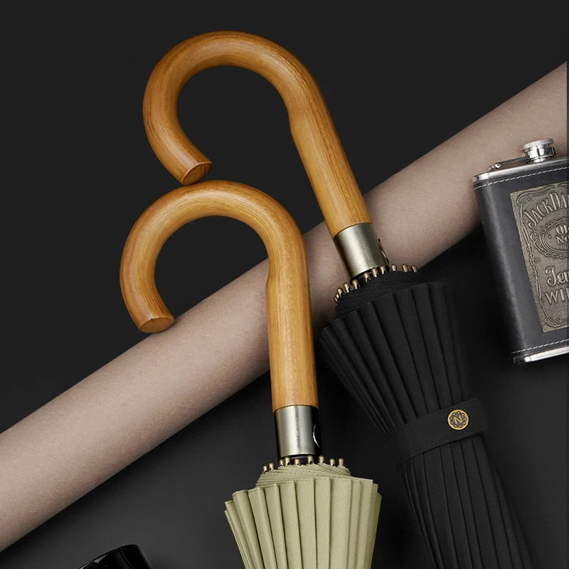 Brand Windproof Straight Umbrella Crooked Wood Handle Rain Big Black Walking Stick Umbrella