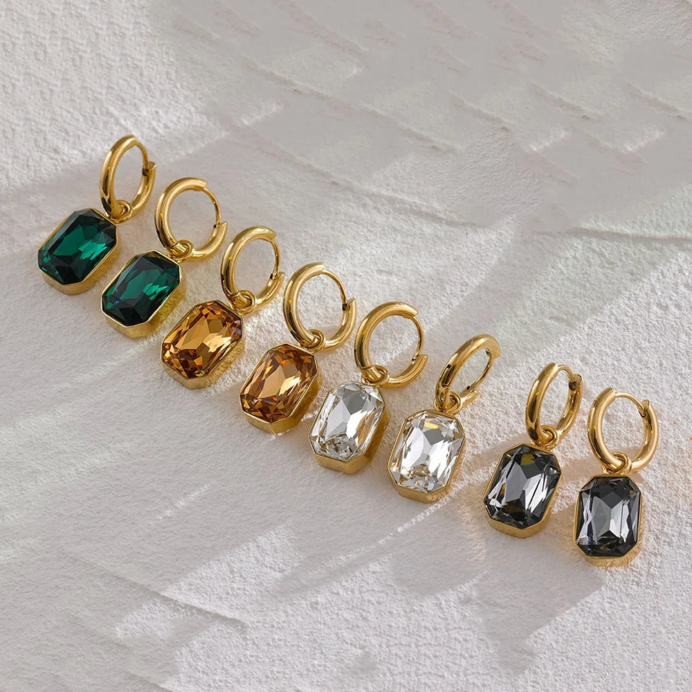 Stainless Steel Cubic Zirconia Charms Earring Trendy 18K Gold Filled Green Square Geometric Hoop Earrings Jewelry