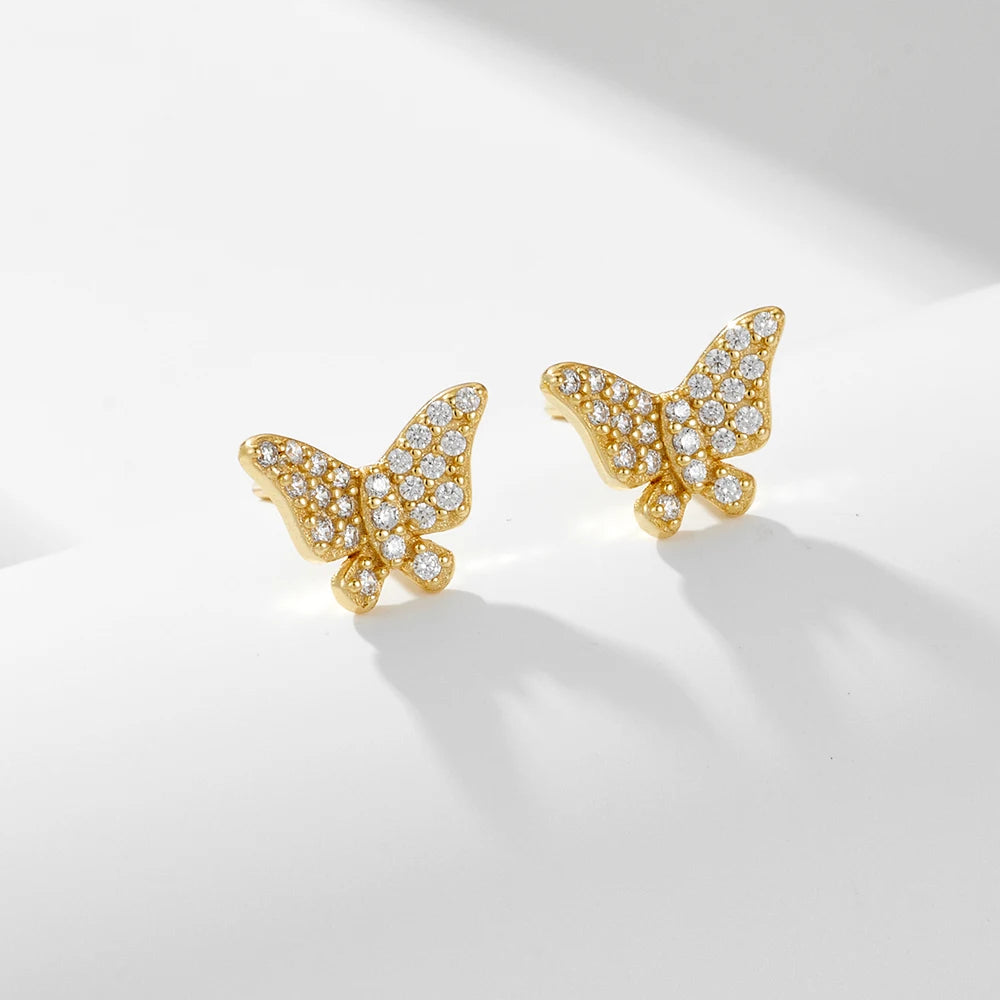 Fashion Jewelry 925 Sterling Silver 14K Gold Fine Zircon Pave Butterfly Stud Earrings