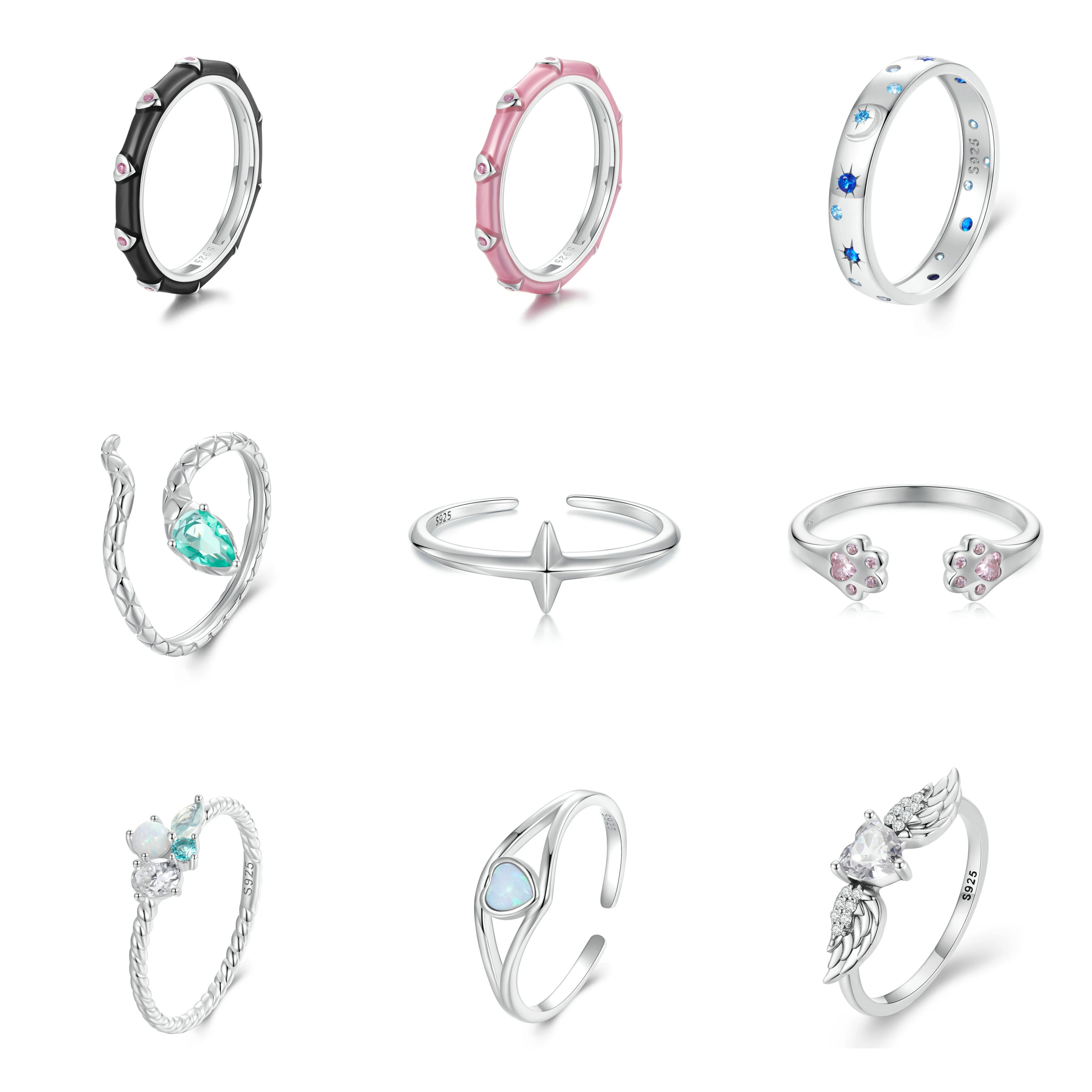 Hot Sales 925 Sterling Silver Women's S925 Rings Moon and Star Colourful Cubic Zirconia Girls Ring Vintage Fine Jewelry Rings