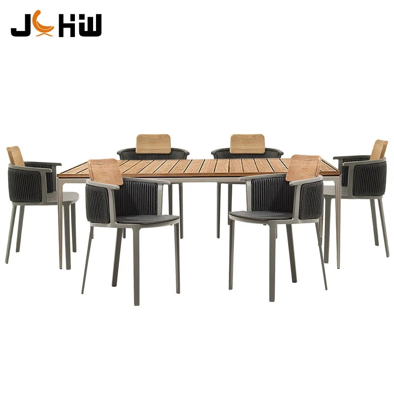 Modern Designer Outdoor Teak Wood and Aluminum Dining Chair and Table Sets with Rope Woven Patio/Courtyard Garden Furniture