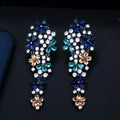 Elegant Long Dangle Drop Flower Multi Color Blue Cubic Zirconia Earrings for Women Fashion Statement Wedding Party Jewelry