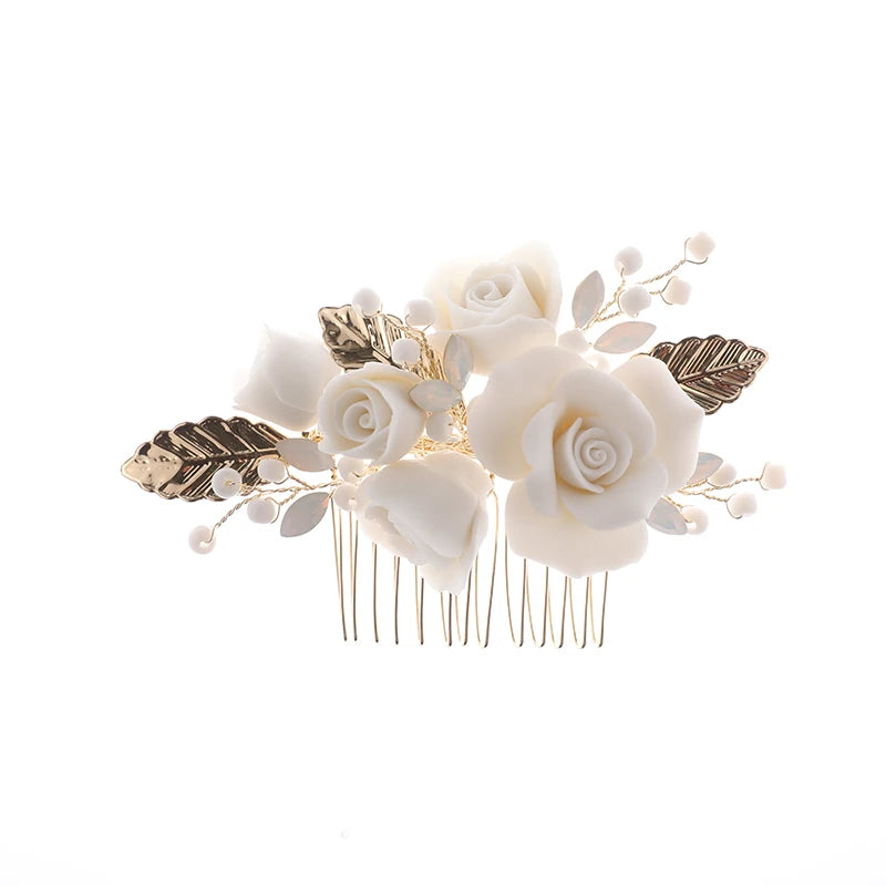 Handmade Ceramic Flower Bridal Headpiece Accessories Metal Leaves Crystal Bridesmaids Wedding Hair Combs for Prom Party