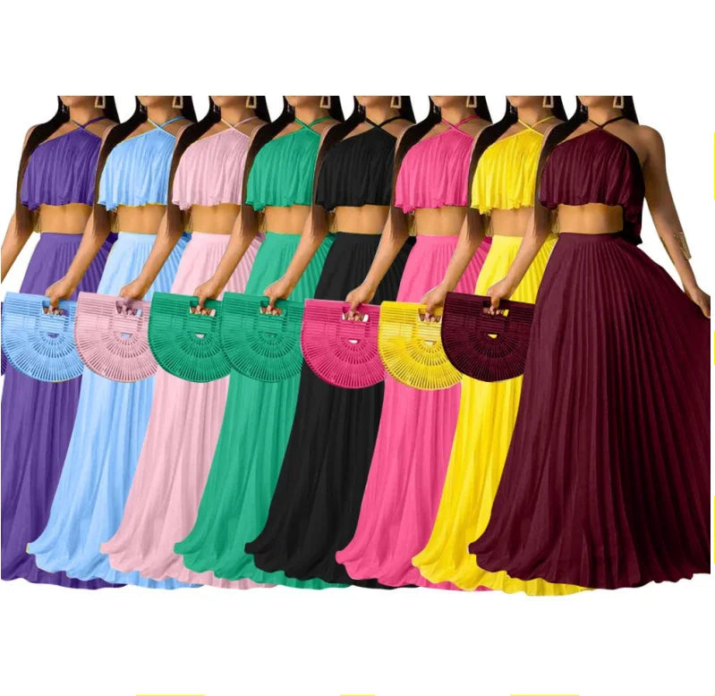 S-XXL New Fashionable Pleated Suspender Top Pleated Skirt Two-piece Set