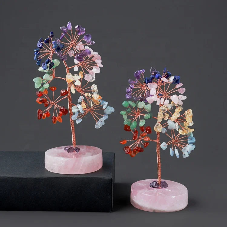 Natural 7 Chakra Crystal Tree & Rose Quartz Base Healing Bonsai Money Feng Shui Tree of Life