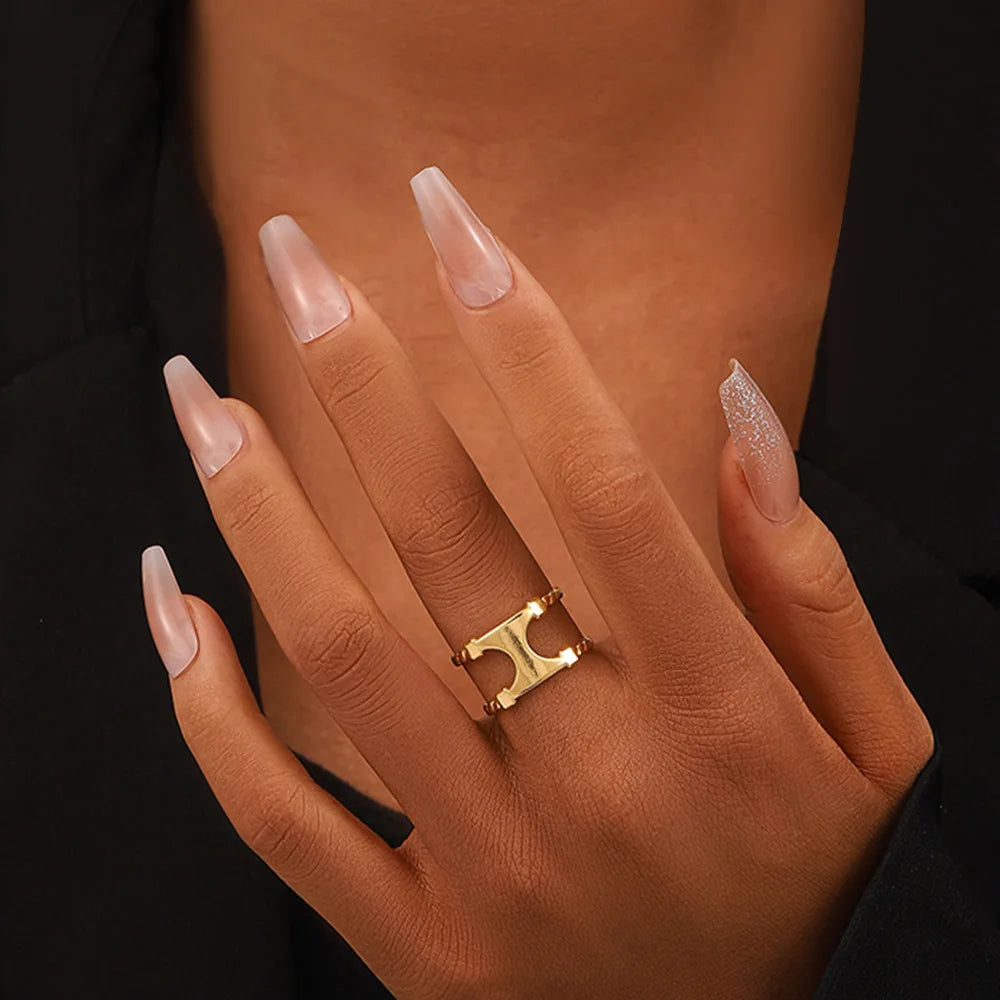FanYue Stainless Steel 18K Gold Open I Ring Hollow Arc for Women