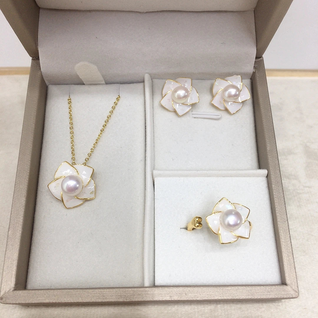 Hot Sale Windmill 18k Gold Plated Natural Freshwater Pearl Earrings Necklace Rings Jewelry Set