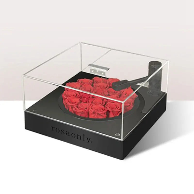 Luxury square clear Acrylic Bo Rose Box with Phonograph for Valentine's Day Birthday Party Gift Box