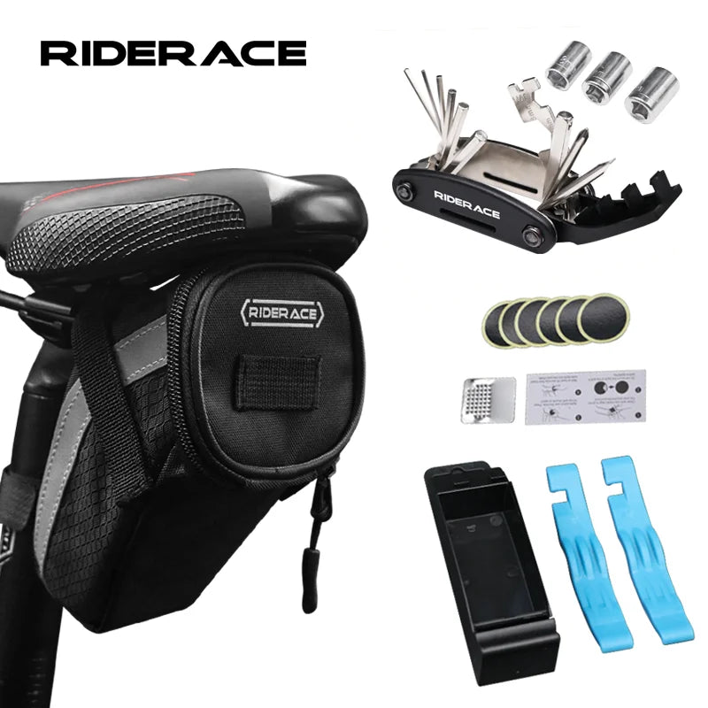 RIDERACE Bicycle Multi-function Tire Repair Tool Kit Portable Hand Air Pump Tire Lever Bike Inner Tire Patches Seat Rear Bag