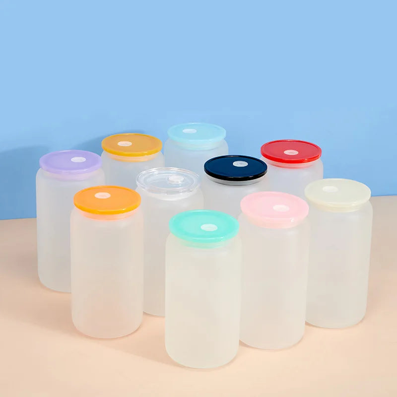 RubySub 16oz Frosted Glass Tumbler Sublimation Can Blanks with Plastic Lid and Straw for Boiling Water for Presents