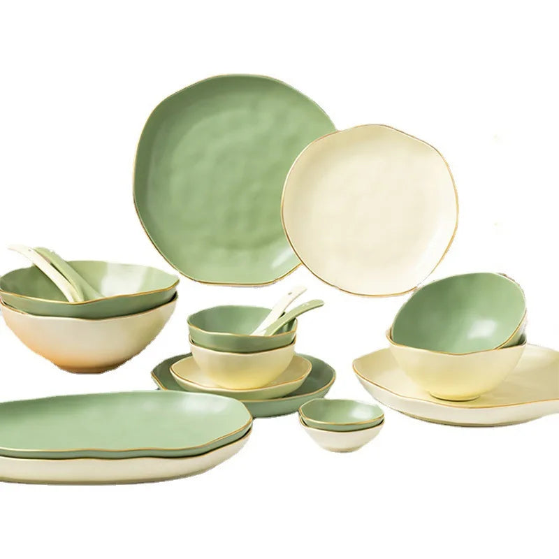 Solhui Nordic Luxury Gold Edged Ceramic Irregular Dishes Plate Bowl Dinnerware Wholesale