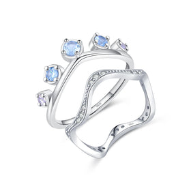 New Arrival Light Luxury Sapphire Stackable Ring Set 925 Sterling Silver Full Diamond Irregular Wave Crown Ring