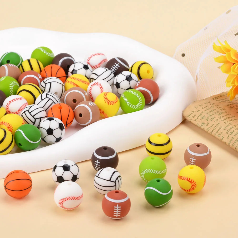 New Sports 15mm Round Printed Bead Soft Colorful Cross Focal Baseball Tennis Football Basketball Rugby Volleyball Beads for Pens