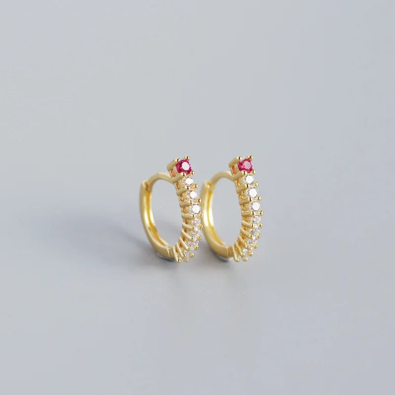 Sophisticated Women's 925 Sterling Silver Red Zircon Huggie Earrings Unique Trendy Wholesale Party Hoop Earrings