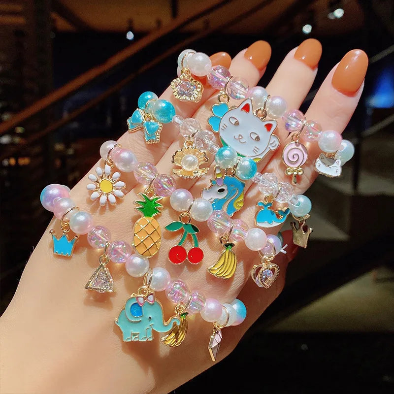 Fashion Cartoon Cat Rabbit Elephant Charm Bracelet Cute Gradient Kid Beaded Bracelet Rainbow Ice Cream Bowknot Pearl Bracelet