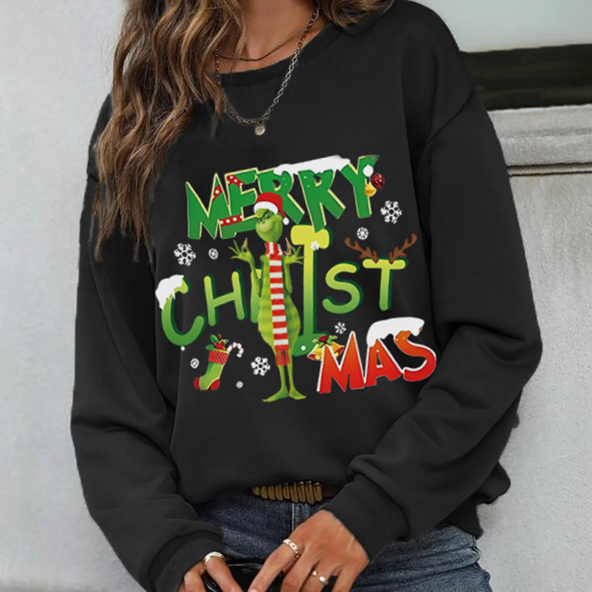 Casual Vintage Green Furry Printed Sweatshirt Long Sleeve Pullover for Autumn Season-Fashionable Christmas Green Furry Printed