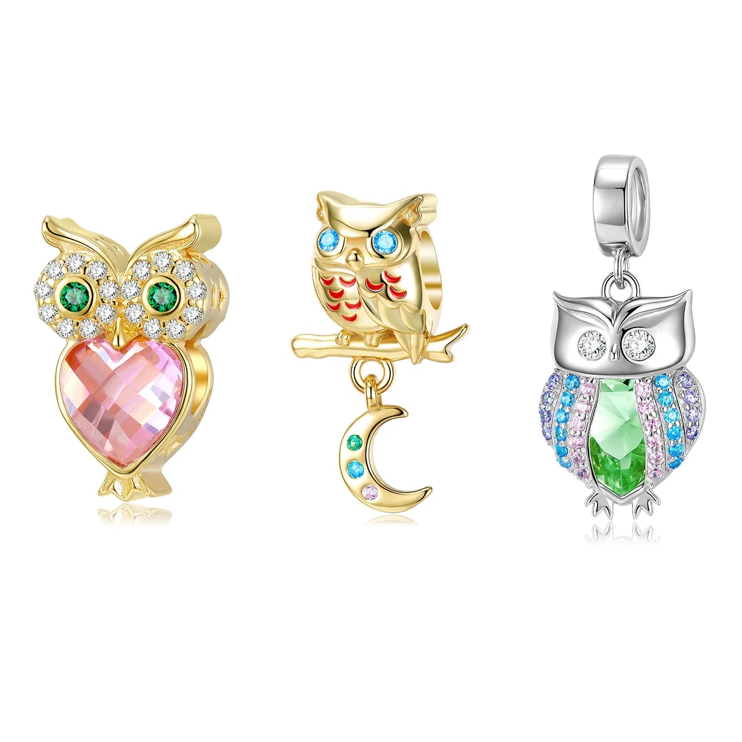 Zirconia Moon Owl Charm Pendant Authentic 925 Sterling Silver Beads for Women Fine Jewelry Charm Bracelet Accessory Gold Plated