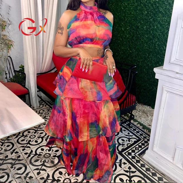 GX0111 Summer Boutique Clothing Nigh Club Halter Hollow Out Women Maxi Dresses Fashion Party Sleeveless Cake Long Dress