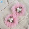 Handmade Pink Tulle Flower Button Cover Shirt Cufflink Women Jewelry Pearl Button Clip for Sleeve Collar Brooch Accessories