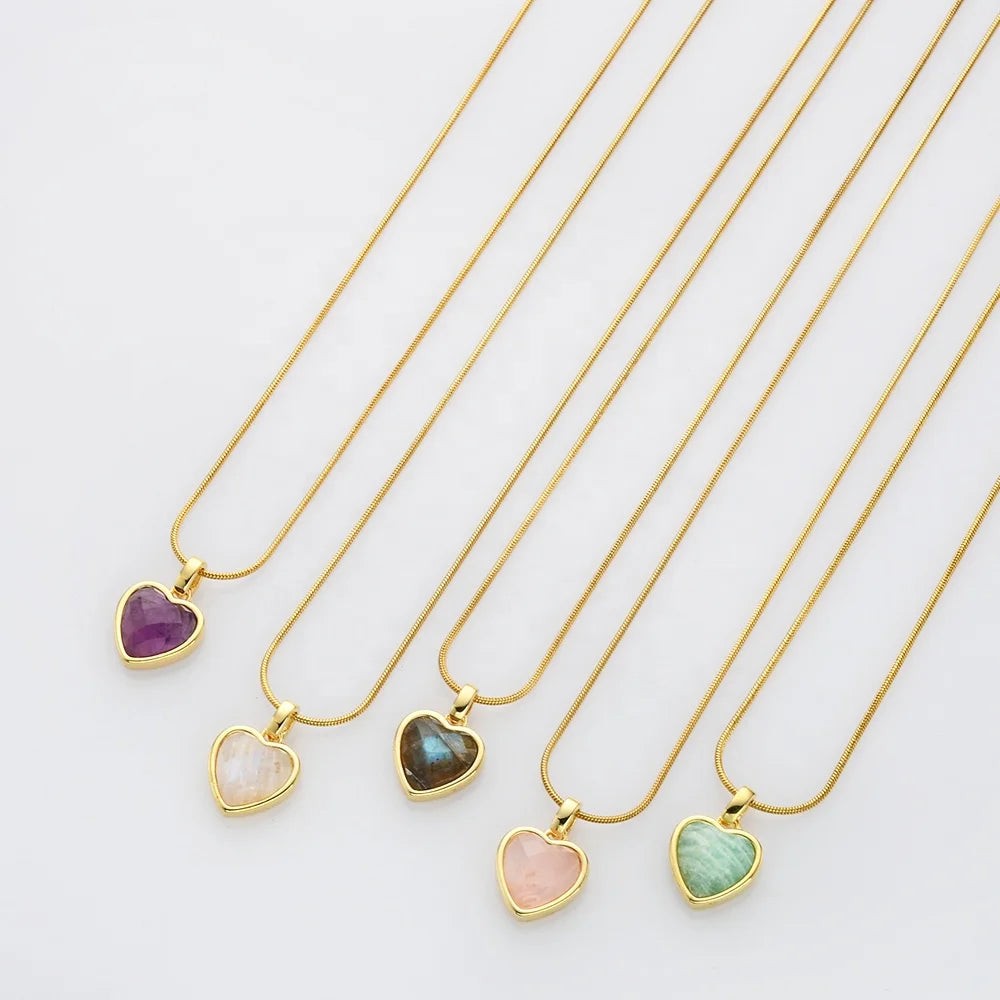 Valentine Gold Plated Stainless Steel Chain Moonstone Heart Pendant Necklace Women Crystal Heart Necklace