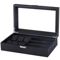 Carbon Fiber Black PU Leather 6 Watch 3 Glasses Eyewear Storage Show Display Case Box