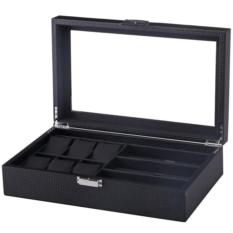 Carbon Fiber Black PU Leather 6 Watch 3 Glasses Eyewear Storage Show Display Case Box