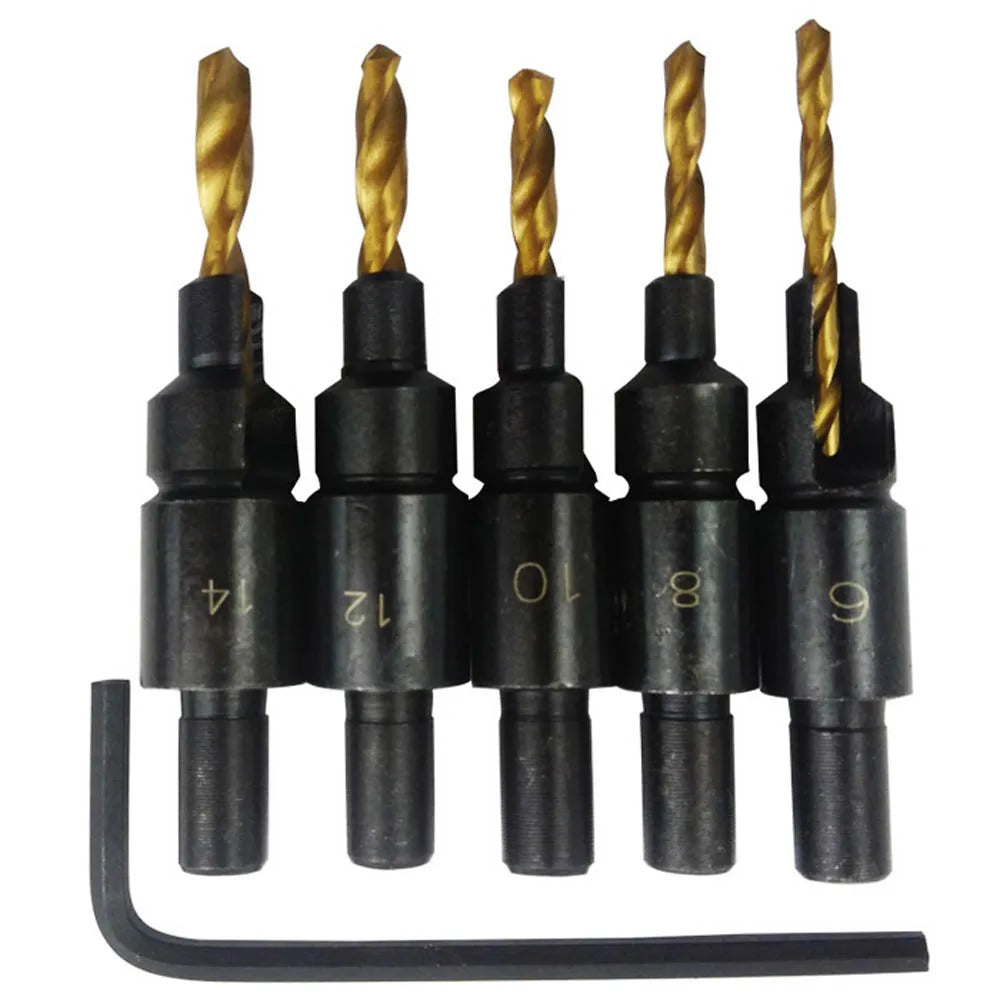 5 PCS Woodworkers Countersink Drill Bit #6 #8 #10 #12 # 14 Counterbore