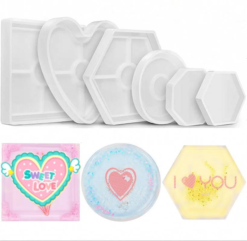 New DIY Hexagonal Round coaster Crystal Gel Dripping Silicone Mold Polygonal love Base Teacup Mat Kitchen Baking Appliance