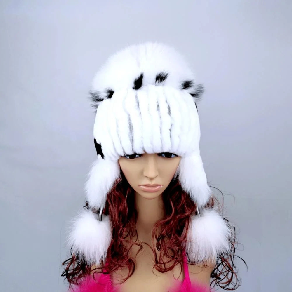 Women Winter Rex Rabbit Fur Hat Real Knitted  Fur Caps Female Russian Warm Beanies Hat New Women's Fur Hat
