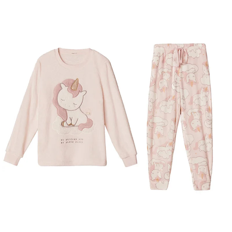 Appliqued Coral Fleece Unicorn Pajamas Set for Women Autumn/Winter Thick and Fluffy Pink Cute Home Wear Women