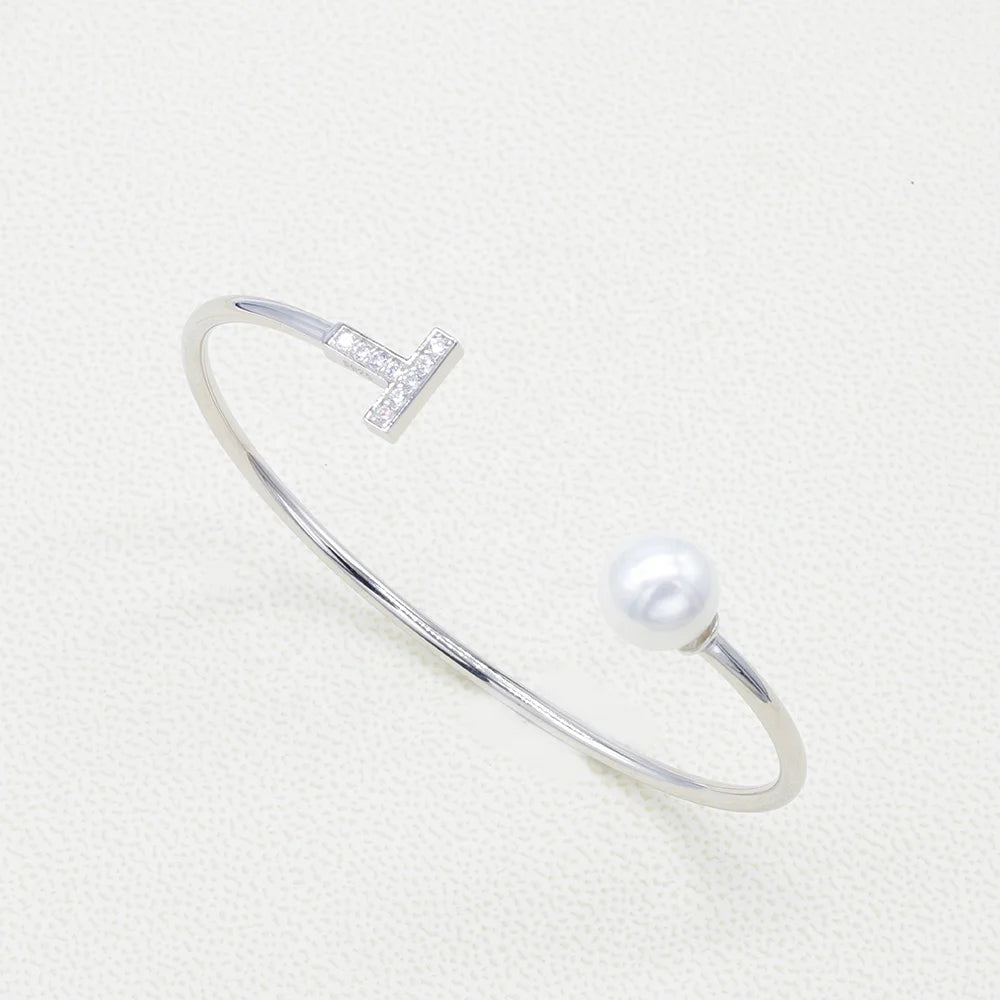 B244 10-11mm 925 Sterling Silver Gold Plated Wholesale Freshwater Pearl Charm Bracelet  Bangle Fancy Jewelry for Women