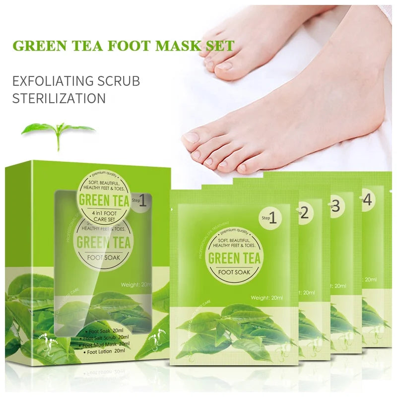 Private Label Natural Gentle Green Tea Epsom Salt Foot Soak Foot Lotion Pedi Soak Dead Sea Salt Scrub 4 in 1 Foot Jelly Set
