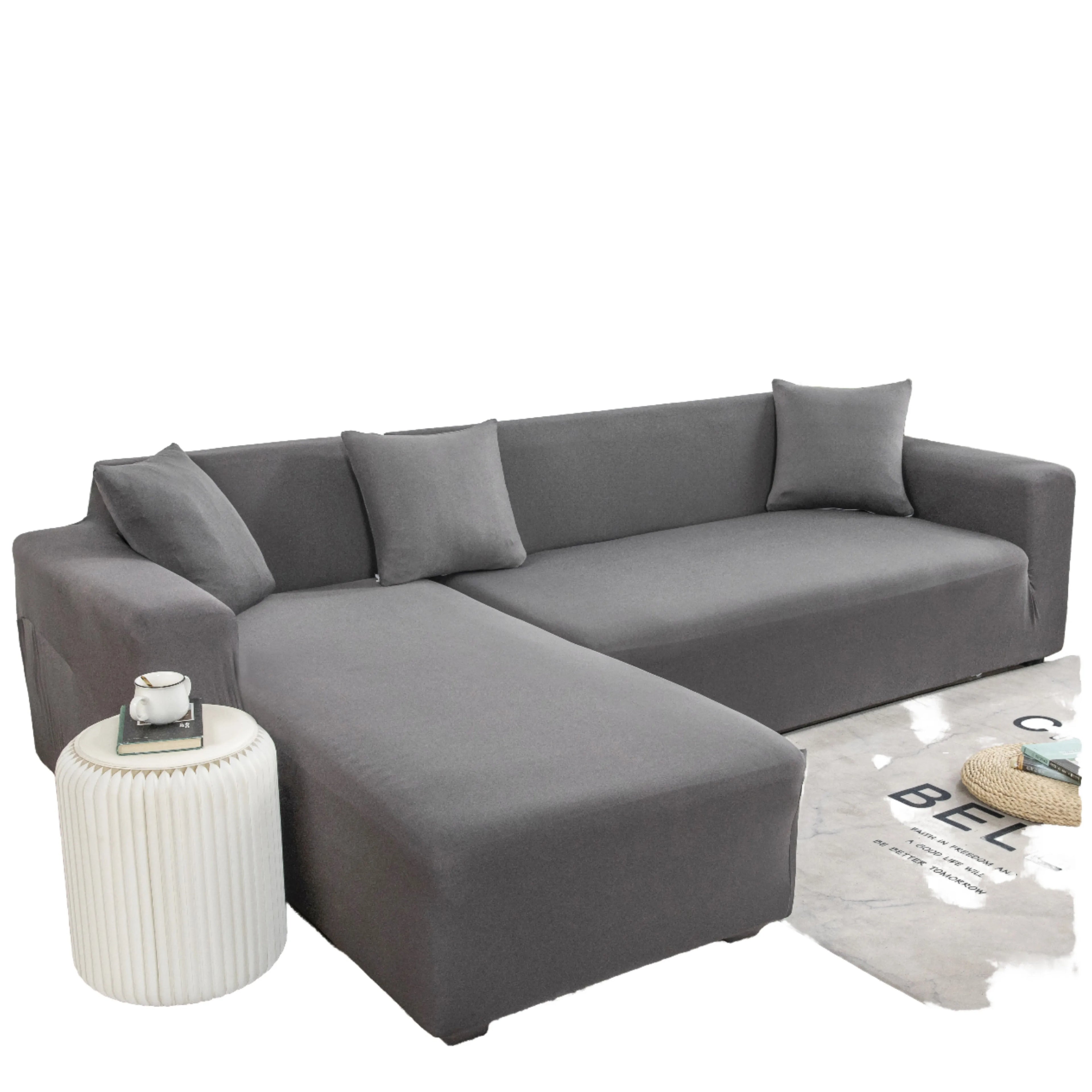Solid Color Printed Three-Person L Shape Sofa Cover Cheap Polyester Spandex Stretch Covers for Three-Seat Sofas
