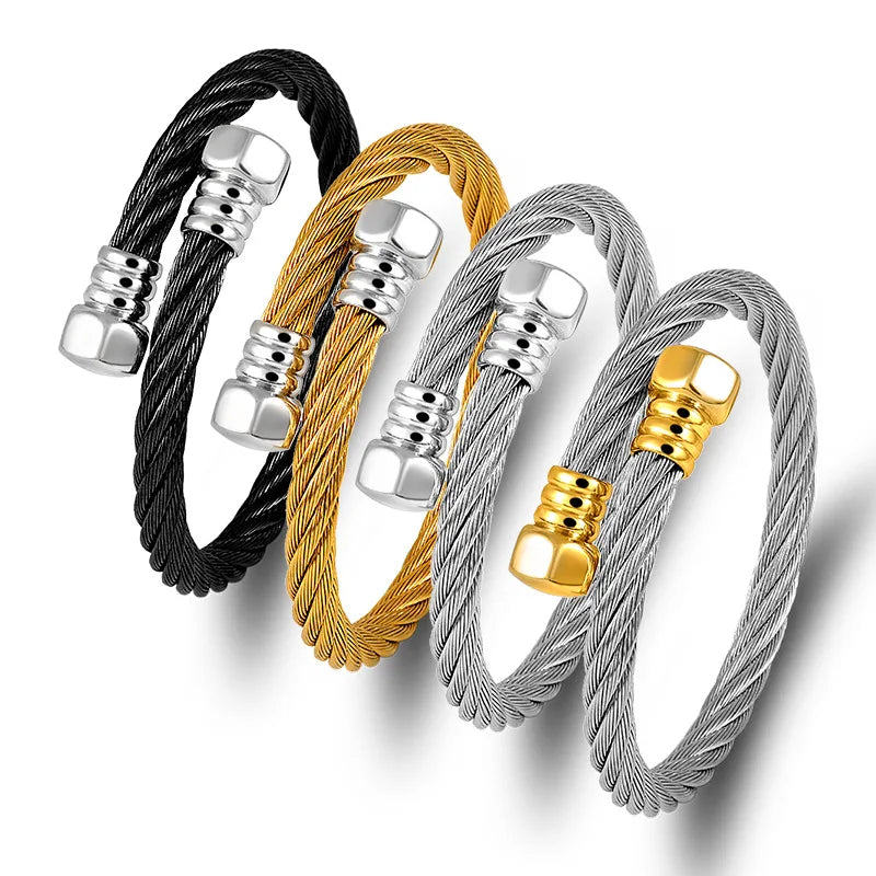 Trendy Titanium Steel Personality Cable Wire Twisted Wire Cuff Adjustable Steel Wire Bracelet Wristband