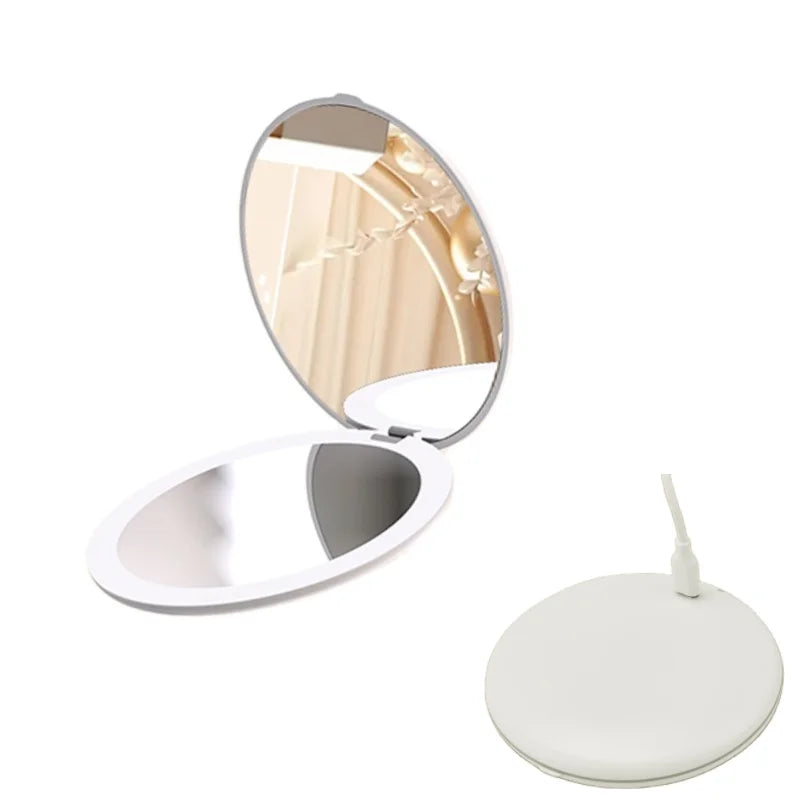 Portable Folding Handheld Double Sided 2X Magnification LED Compact Travel Pocket Makeup Mirror with Light MegaBDM