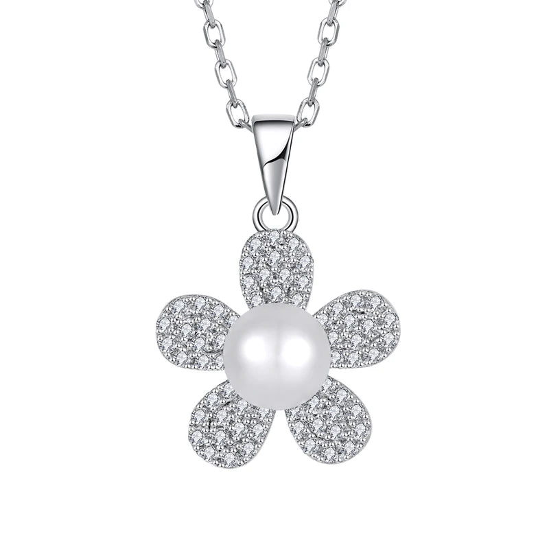 925 Sterling Silver Flower Pendant Necklace with Pearl Center & Cubic Zirconia Inlay Elegant Fashion Jewelry for Women