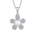 925 Sterling Silver Flower Pendant Necklace with Pearl Center & Cubic Zirconia Inlay Elegant Fashion Jewelry for Women