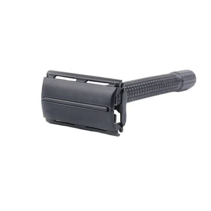Matte Black Long Handle Butterfly Face Shaving Razor with Single Blade for Men