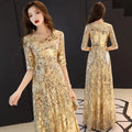 2024 New Gold Banquet Evening Dress Summer Fashion V-Neck Party Dress Elegant Red Mother of the Bride Dresses for Wedding