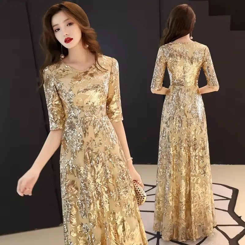 2024 New Gold Banquet Evening Dress Summer Fashion V-Neck Party Dress Elegant Red Mother of the Bride Dresses for Wedding