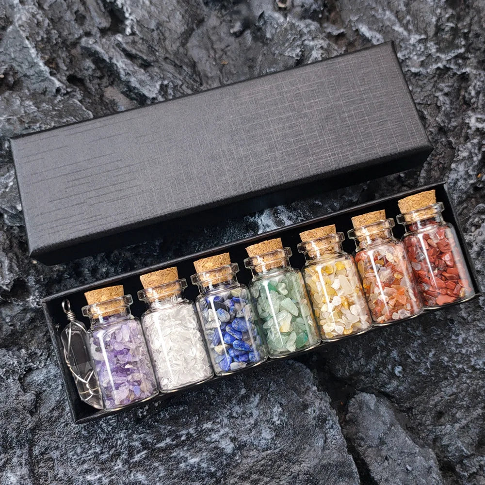 Colorful Healing Crystal Gravel Drifting Bottle Seven Chakra Wishing Aromatherapy Bottle Ornament Natural Stone Gife Box Set