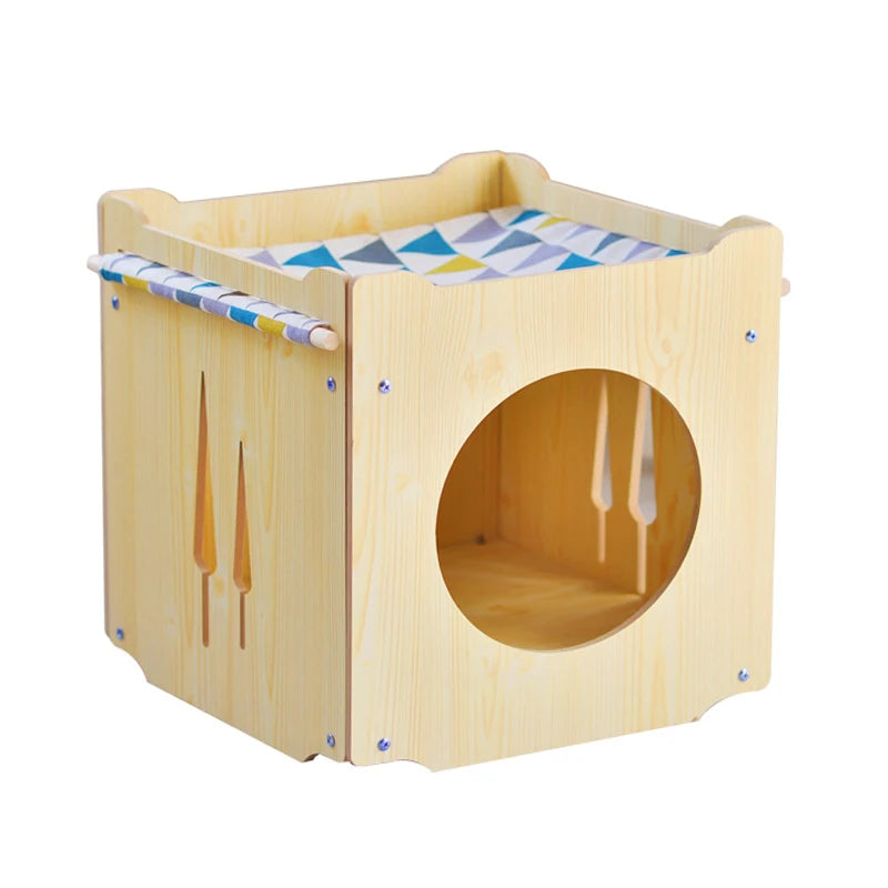 Yueshang Hot Selling Cheap Custom Rabbit House Washable Canvas Cat House Wood Elevated Pet Bed with Hammock
