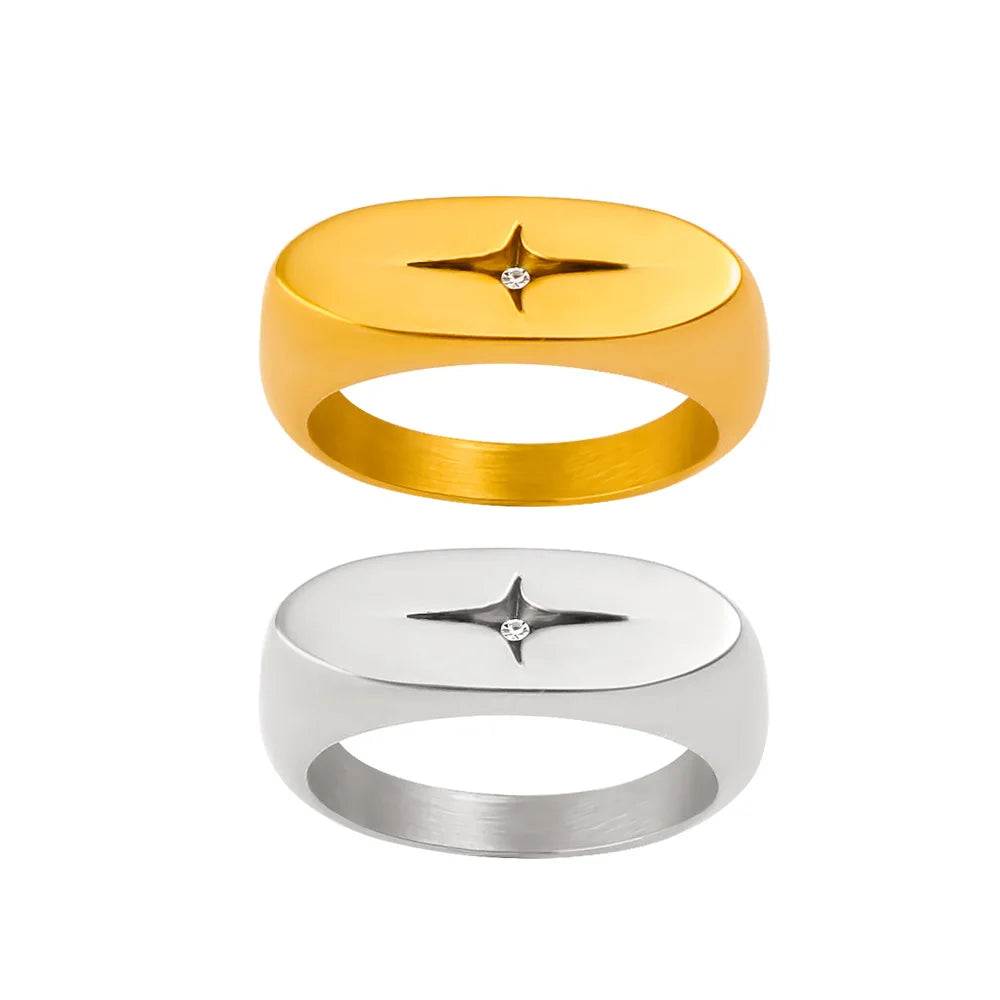 Women's 18k Gold-plated Stainless Steel Oval Flat Ring with Classic Geometric Design Inlaid with Zircon Star Shaped Ring Jewelry