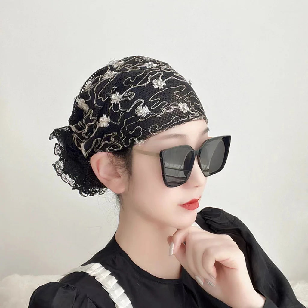 National Wind Headscarf Hat Breathable Cover White Hair Then Hand in Hand Work Spot Drill Big Flower Soft Hat Lady Lace Hat